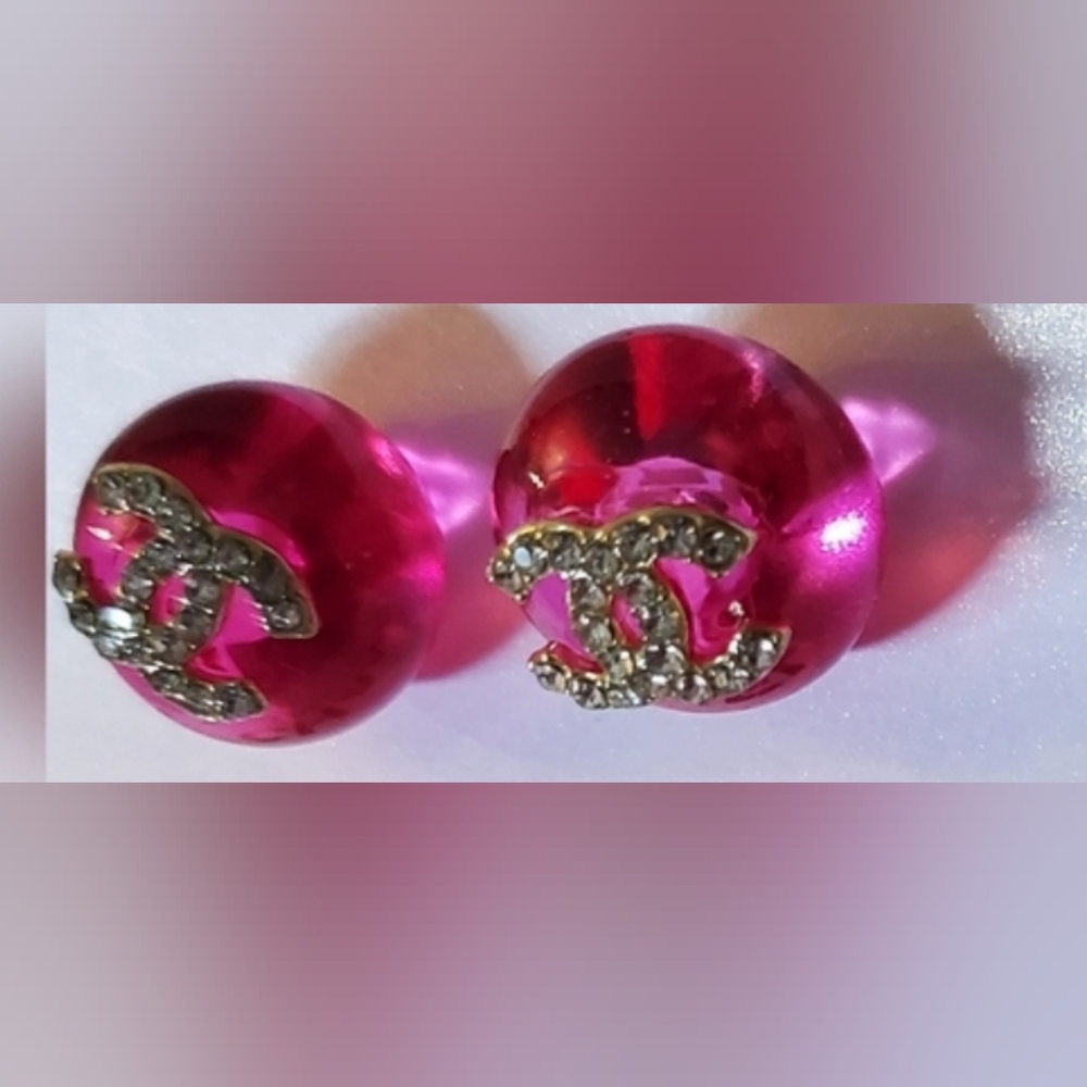 Fuchsia Crystal Logo Stud Earrings